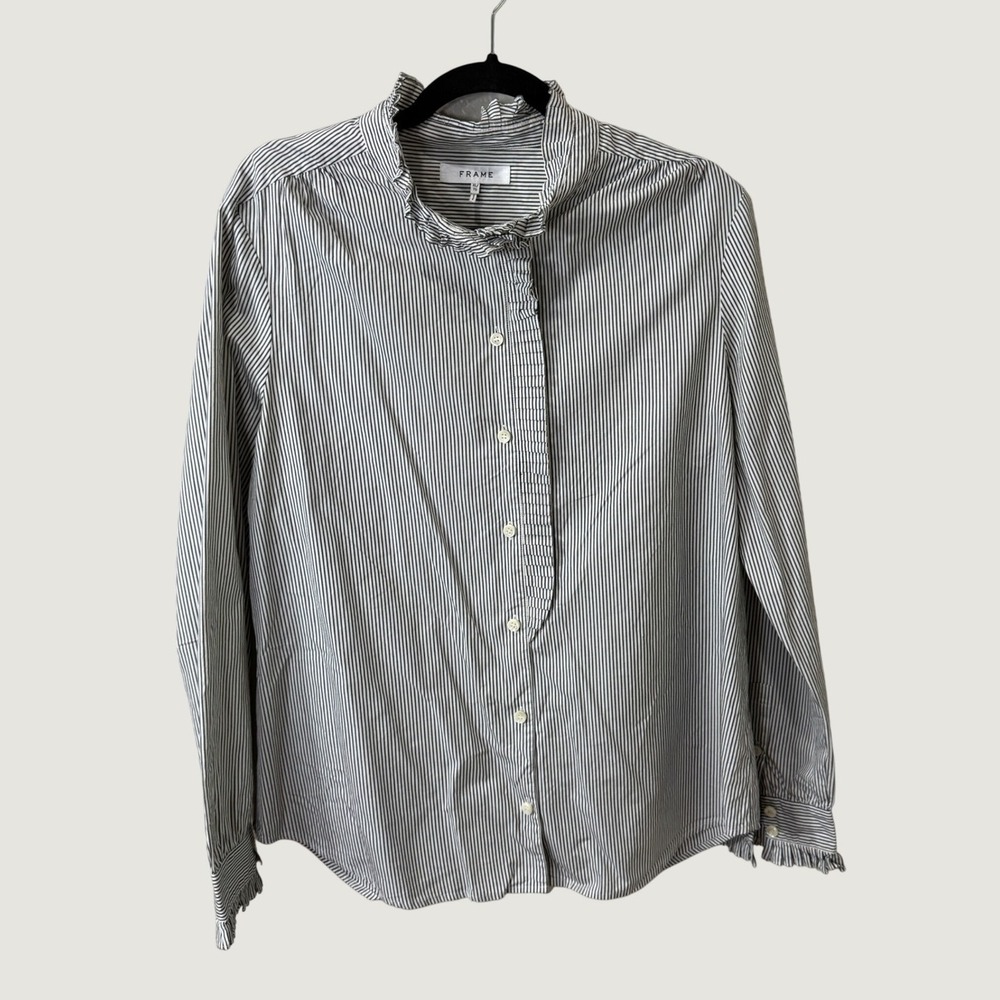 FRAME Women's XL Striped Ruffle Collar Button Down Shirt Cotton Romantic Preppy